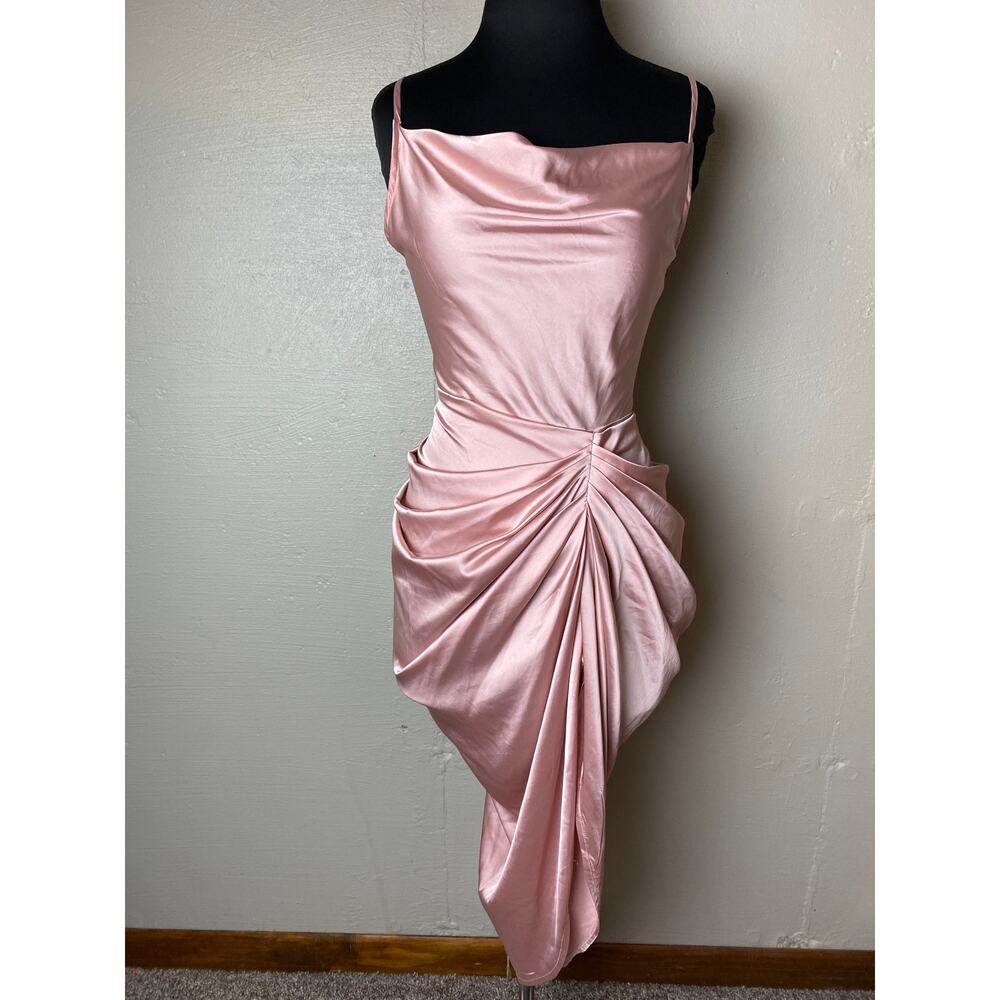 PRETTY LITTLE THINGS Rose Satin Cowl Neck Midi Dress Size 8 Strappy Pink Party